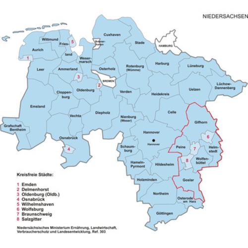 Karte des Landes Niedersachsen, in welcher der örtliche Zuständigkeitsbereich des Sozialgerichts Braunschweig farblich hervorgehoben ist.